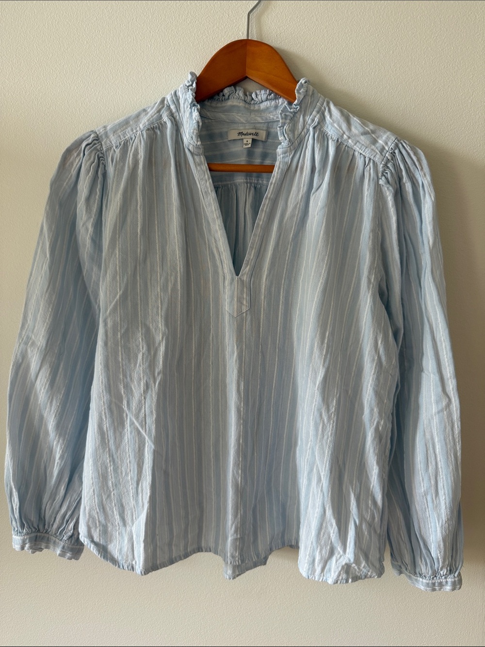 Madewell Pale Blue Striped Long-Sleeve Peasant Blouse